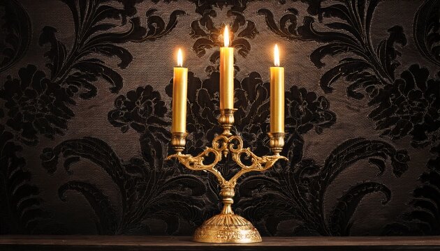 golden candelabra with burning candles black gothic lace background