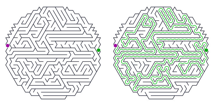 Circle Maze puzzle with solution path and answer key for children and adults  
