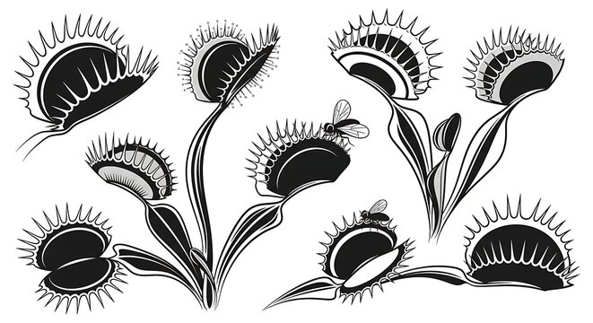 Black Venus Flytrap Botanical Illustration with Insects on White Background