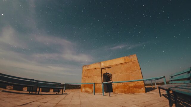 A time-lapse of the Milky Way in the night sky above the Shopan-ata tomb in Mangystau, Kazakhstan