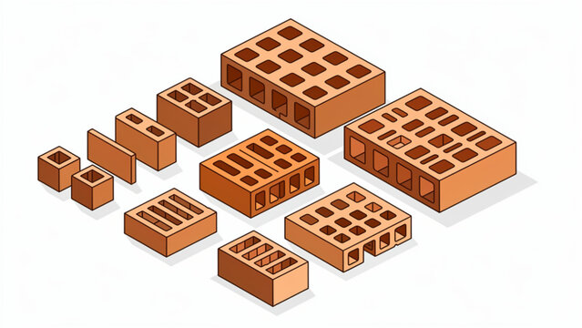 Collection of Various Clay Bricks in Different Shapes and Sizes.