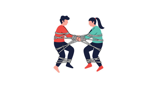 Young man and woman tied together with many ropes while trying to hold hands representing a complicated relationship or entrapment.