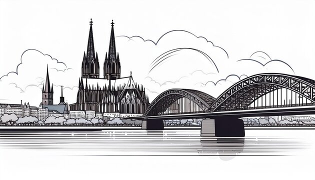 cologne cityscape with cathedral and hohenzollern bridge in linear style