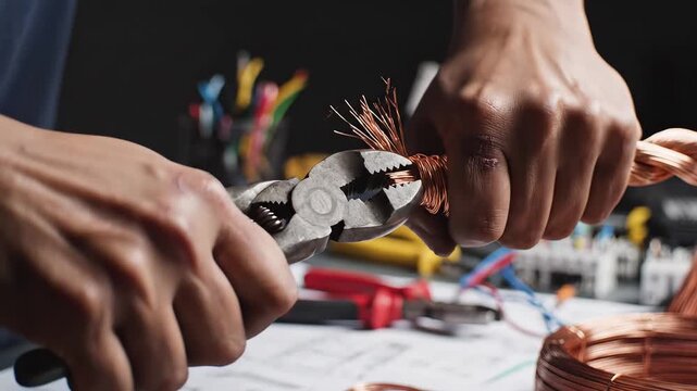 Hands using pliers on copper wire