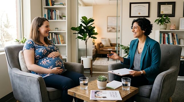 Obstetrician advising pregnant patient during prenatal medical consultation