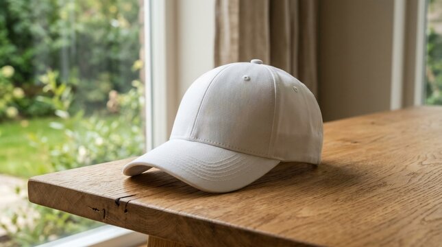Baseball cap on wooden table by window with garden view