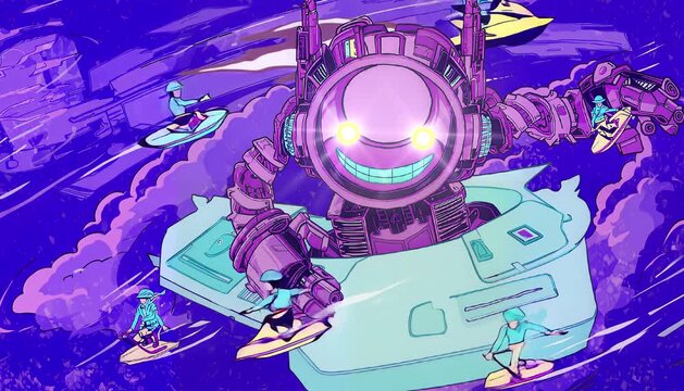 Future Robot Adventure With Hoverboard Riders
