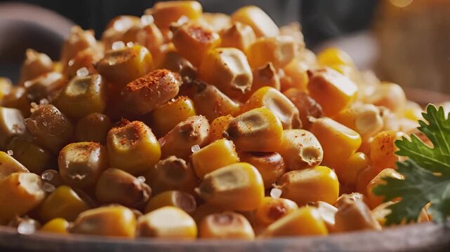 Closeup shot of dried corn kernels in a wooden bowl.