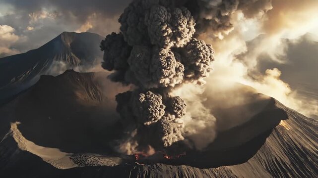 Massive volcano erupting, spewing ash plume and fiery lava