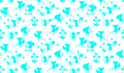 Light blue silhouettes of mice, bees and flowers on white background. Cute seamless pattern