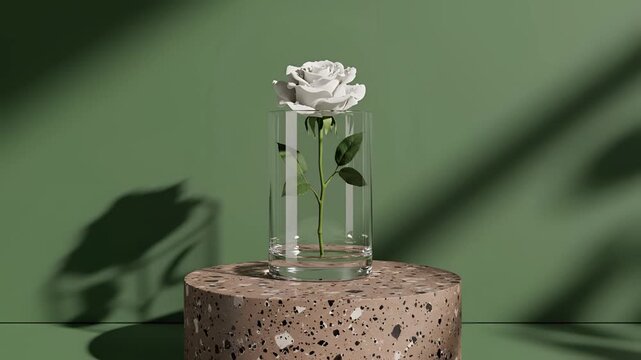 Elegant White Rose in Glass Vase on Pedestal with Shadow Play.