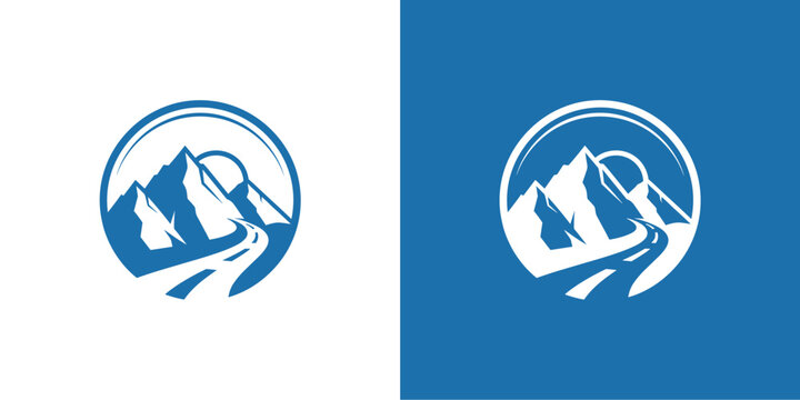 Mountain and river circular logo for outdoor adventure brands.