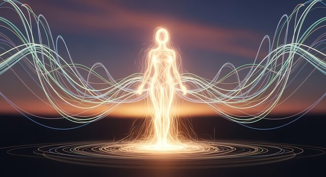 Glowing human silhouette with energy waves against sunset sky background