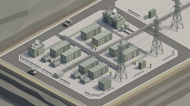 Industrial power plant complex with electrical transmission towers.
