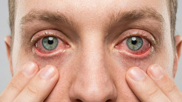 Close-up of a person's severely bloodshot and red eyes, indicating irritation or infection.
