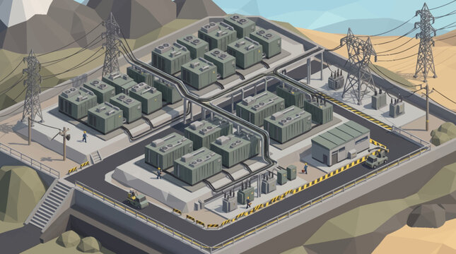 Industrial power substation with multiple transformers and electrical equipment.