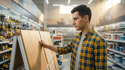 Obraz premium Focused young man examining wooden floor samples in a modern hardware store.