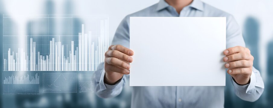 Businessman holding a blank white sign covering his face with a blurred background of a modern office and glowing digital business charts.