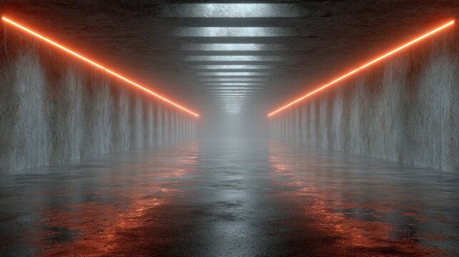 Long subterranean passageway illuminated by glowing parallel lines receding into fog