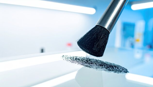 Forensic brush dusting a latent fingerprint with black powder for evidence collection