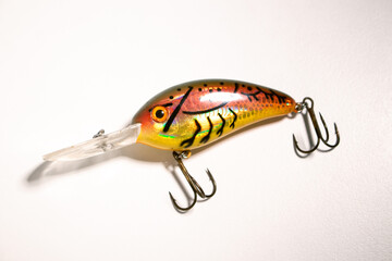 Fishing accessories bobbers, hooks, tackles, baits isolated on white background. Image for shop for fisherman. Close up © Krievietka