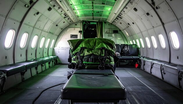Folded military parachute pack ready for a jump, situated inside an aircraft cargo bay with green lighting