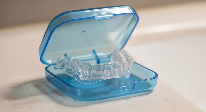 Clear Dental Aligner Resting in Open Blue Case on Bathroom Counter