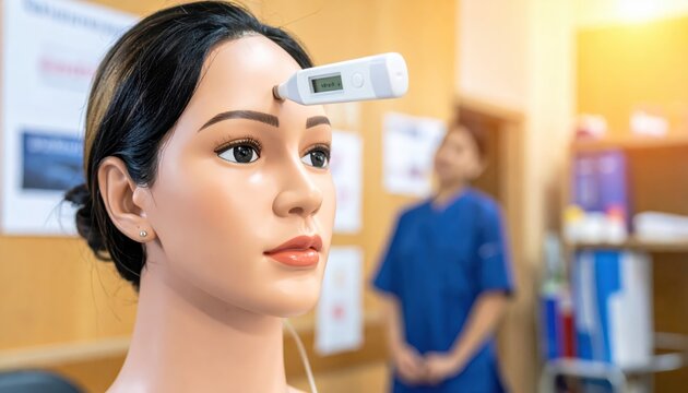 Forehead thermometer held against a mannequin's forehead for temperature measurement, demonstrating medical health check procedures.