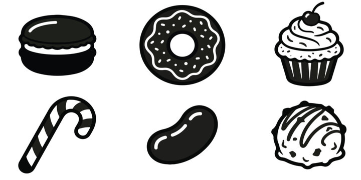 A graphic illustration of assorted sweet treats including a macaroon, donut, cupcake, candy cane, cookie, and muffin in a flat lay style, perfect for food and dessert-themed designs with a minimalist