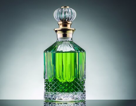 faceted clear crystal bottle with emerald liquid for premium fragrance beverage or elixir product photography