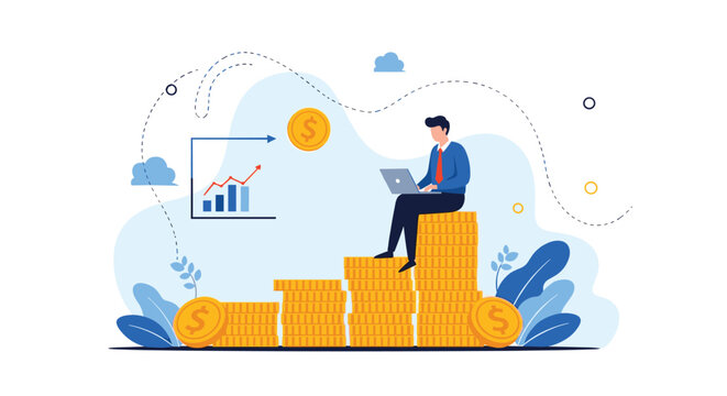 Successful businessman sitting on a high stack of gold coins while working on his laptop next to a financial growth chart illustration.