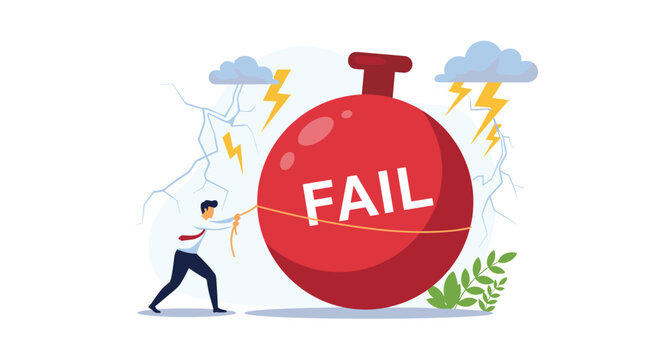 Stressed businessman struggling to pull a heavy red ball with the word FAIL on it during a thunderstorm with clouds and lightning.