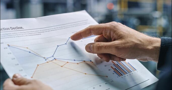 Businessman analyzing financial report chart in manufacturing facility