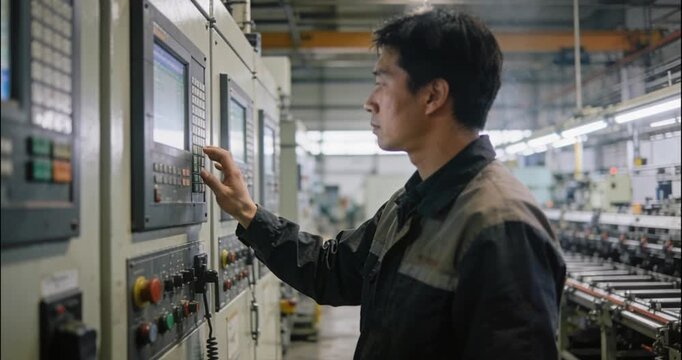 Engineer operating machinery in industrial production environment