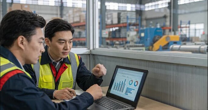 Engineers analyzing data on laptop inside industrial facility