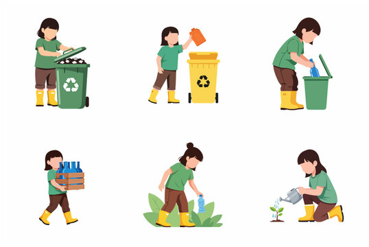 Child recycling waste and caring for environment flat vector illustration set. Little girl sorting garbage, picking up litter, and watering plants.