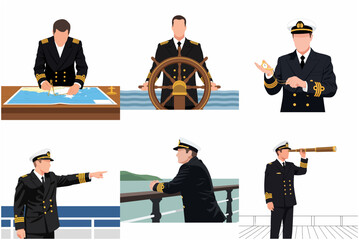 Set of ship captain vector illustrations featuring naval officer in various poses like navigating with map steering helm and using telescope © Pixelora