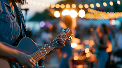 Naklejka premium Faceless happy group enjoying live band performance at beach party setting, musical entertainment, live performance, entertainment event, acoustic music, with copy space