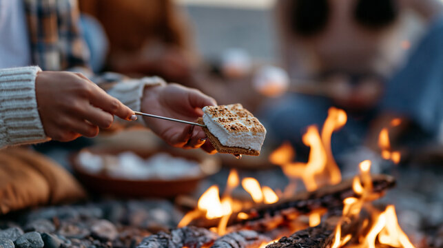 Faceless friends making s'mores around fire at beach party gathering, campfire activity, sweet treats, interactive food preparation, recreational cooking, with copy space