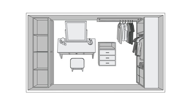 Top-down plan view of a meticulously designed walk-in closet or dressing room, showcasing shelving units, a vanity table with a mirror and stool, and a clothes rack for apparel storage.