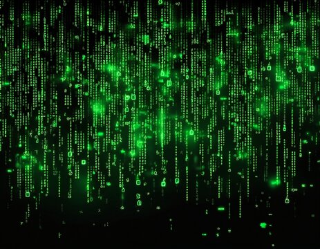 abstract digital background with falling green code characters on a black screen matrix style rain effect representing big data cybersecurity and computer programming