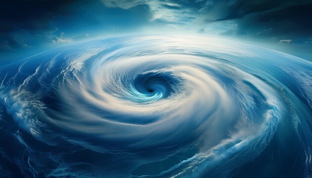 surreal calm inside hurricane eye with blue skies and tranquil ocean as storm intensity decreases