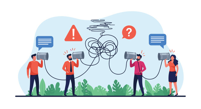 Four business professionals trying to communicate using tin can phones with highly tangled and knotted wires.