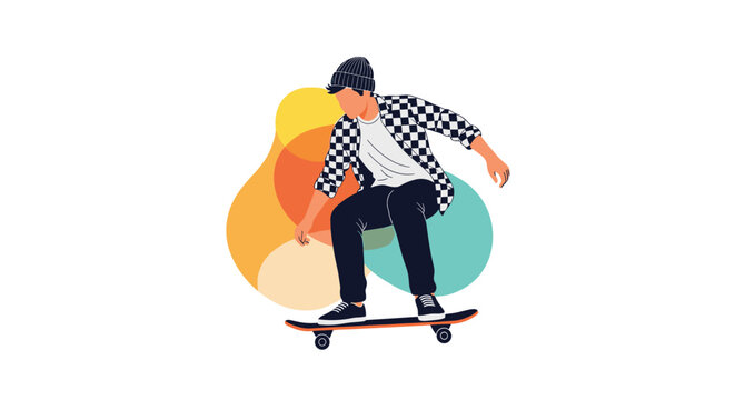 Young skateboarder wearing a checkered shirt and a beanie performs a skill trick against a background of colorful abstract overlapping circles.