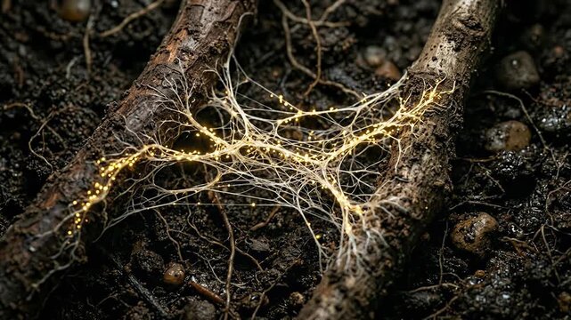 Vibrant glowing fungal mycelium network, intricate mycorrhiza connecting powerful tree roots, underground ecological symbiotic partnership, essential forest communication, natural hidden ecosystem