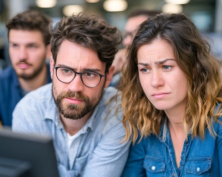 A young man and woman intently study a computer screen with furrowed brows alongside coworkers in a modern office environment setting now.