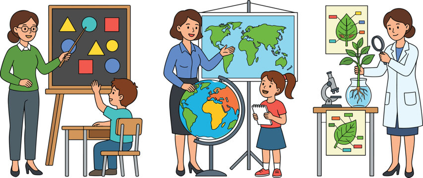 Female Teachers and Elementary Students School Lesson Icon Set with Geometry Shapes World Map Globe and Biology Plant Lab Vector Graphic Designs
