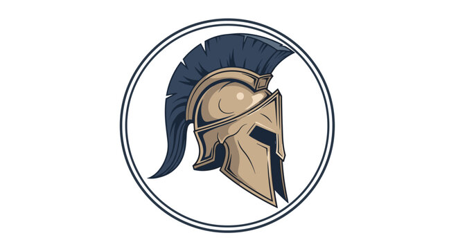 Spartan or ancient Greek warrior helmet with a blue plume crest and gold metallic finish shown in a circular frame.