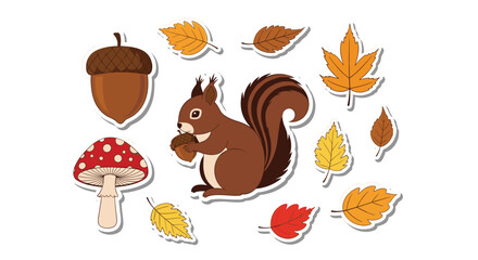 Fototapeta premium Collection of autumn themed stickers includes a cute squirrel with an acorn, colorful fall leaves, and a red mushroom.