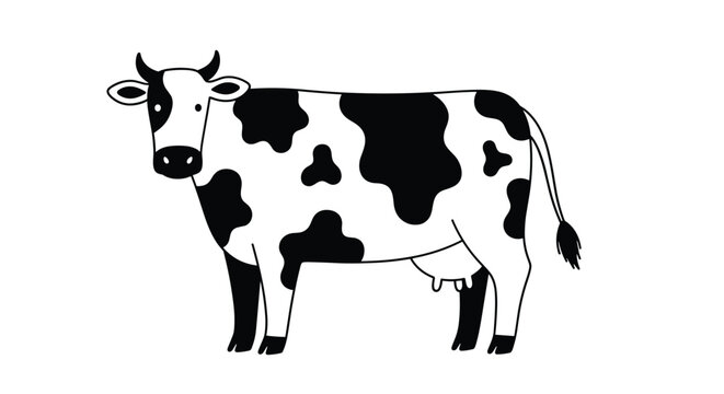 Simple black and white illustration shows a standing Holstein cow with its characteristic large black spots and horns.